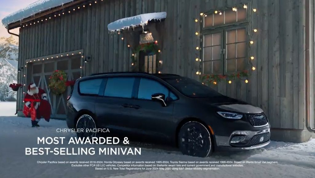 Santa walking out to a Pacifica carrying gifts.