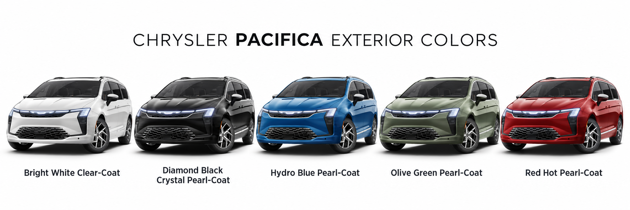 2027 Chrysler Pacifica exterior colors: Bright White, Diamond Black Crystal, Hydro Blue, Olive Green and Red Hot