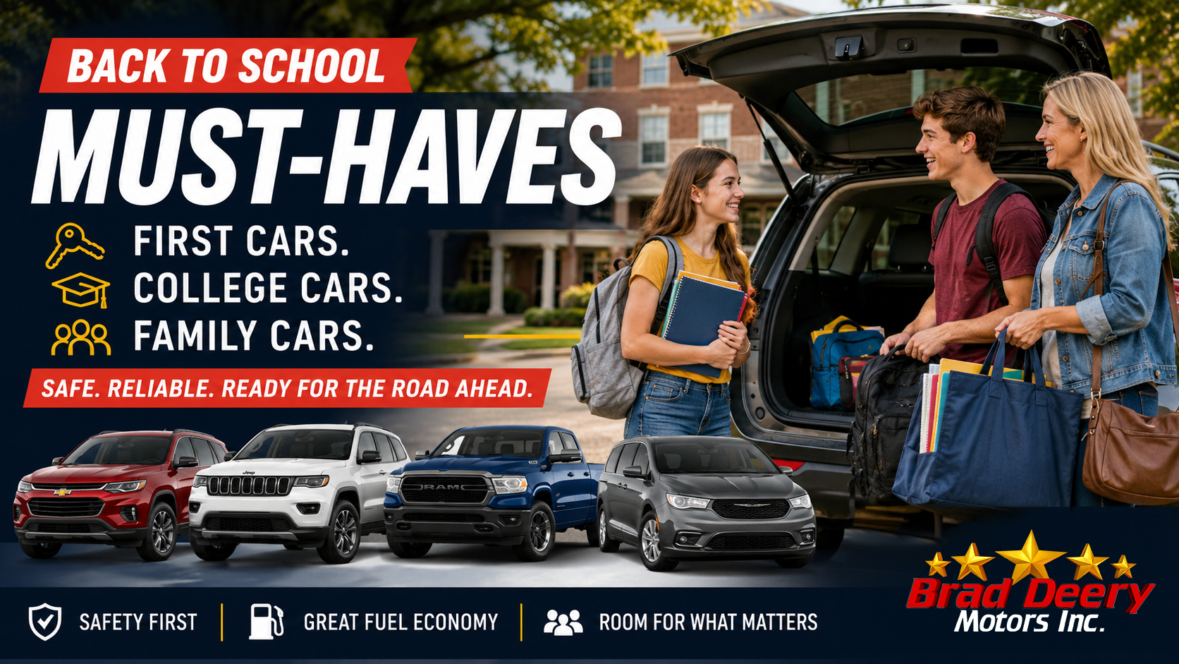 Back-to-school vehicle guide from Brad Deery Motors featuring first cars, college cars and family vehicles, with students loading an SUV for school.