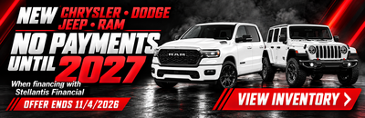 Ad for new Chrysler, Dodge, Jeep, Ram: no payments until 2027. Features a white Ram truck and Jeep Wrangler.