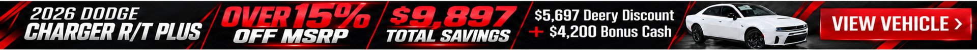 Ad for 2026 Dodge Charger R/T Plus: Over 15% off MSRP, $9,897 total savings ($5,697 discount + $4,200 bonus cash). White car.
