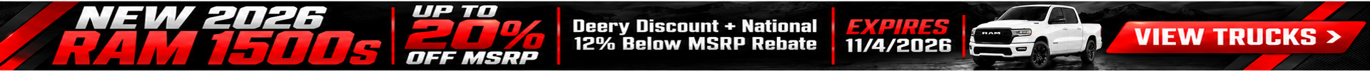 Advertisement for new 2026 RAM 1500 trucks with up to 20% off MSRP, expires 11/4/2026. View Trucks button.