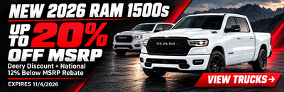 Two white 2026 RAM 1500 trucks, advertising 'NEW 2026 RAM 1500s UP TO 20% OFF MSRP,' expires 11/4/2026. 