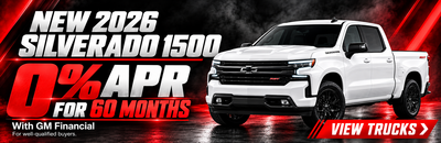 New 2026 Silverado 1500 truck and promotional text: '0% APR FOR 60 MONTHS with GM Financial. View Trucks.' 