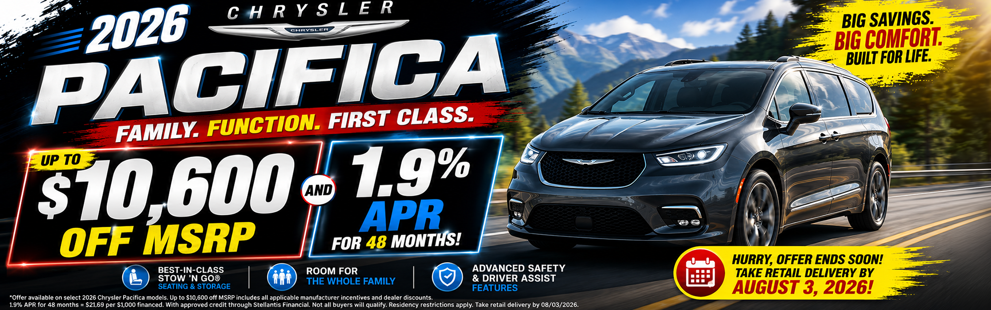 up to 10,600 off MSRP& 1.9% apr for 48 mo on Pacifica